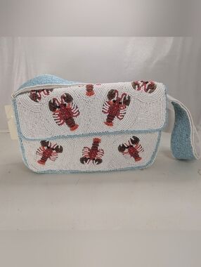 Beaded Lobster Clutch Bag in White and Red